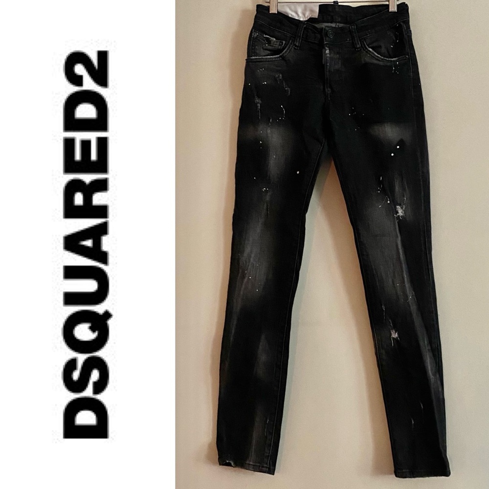 DSQUARED2 Black Skinny Distressed Jeans Worn Once Rips Paint Fading Like New